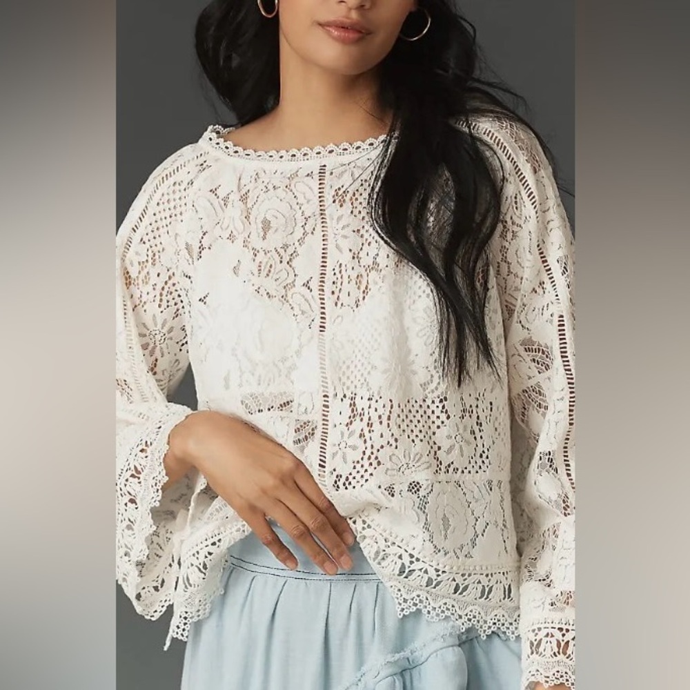 ANTHROPOLOGIE LONG-SLEEVE LACE PATCHES BLOUSE